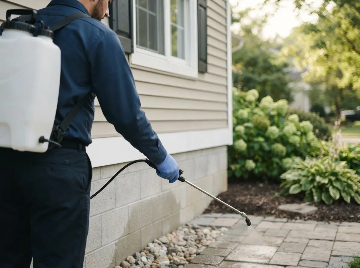 Pest control technician inspecting a home in Lilesville, NC